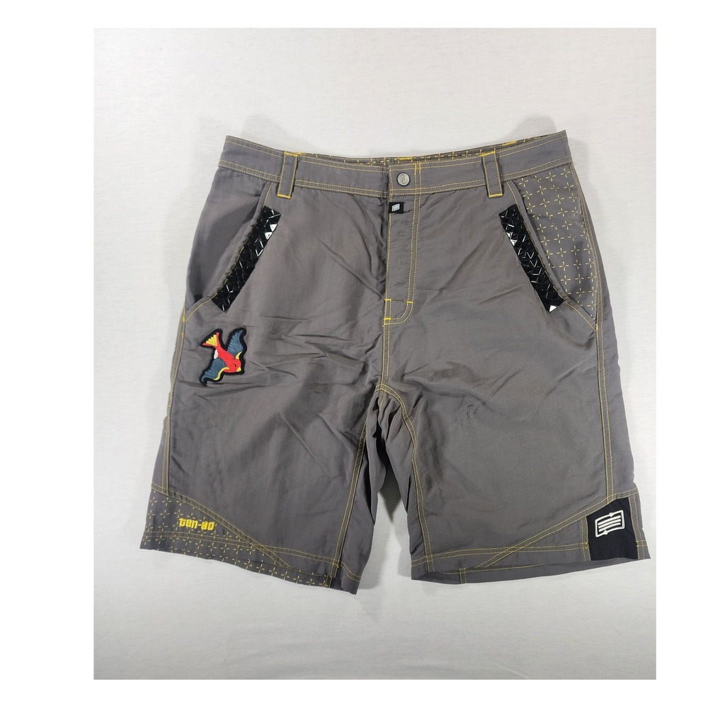 Ten-80 Board Shorts Mens 36 Gray Bird Patch Y2K Skate Surf Hybrid Nylon Sport